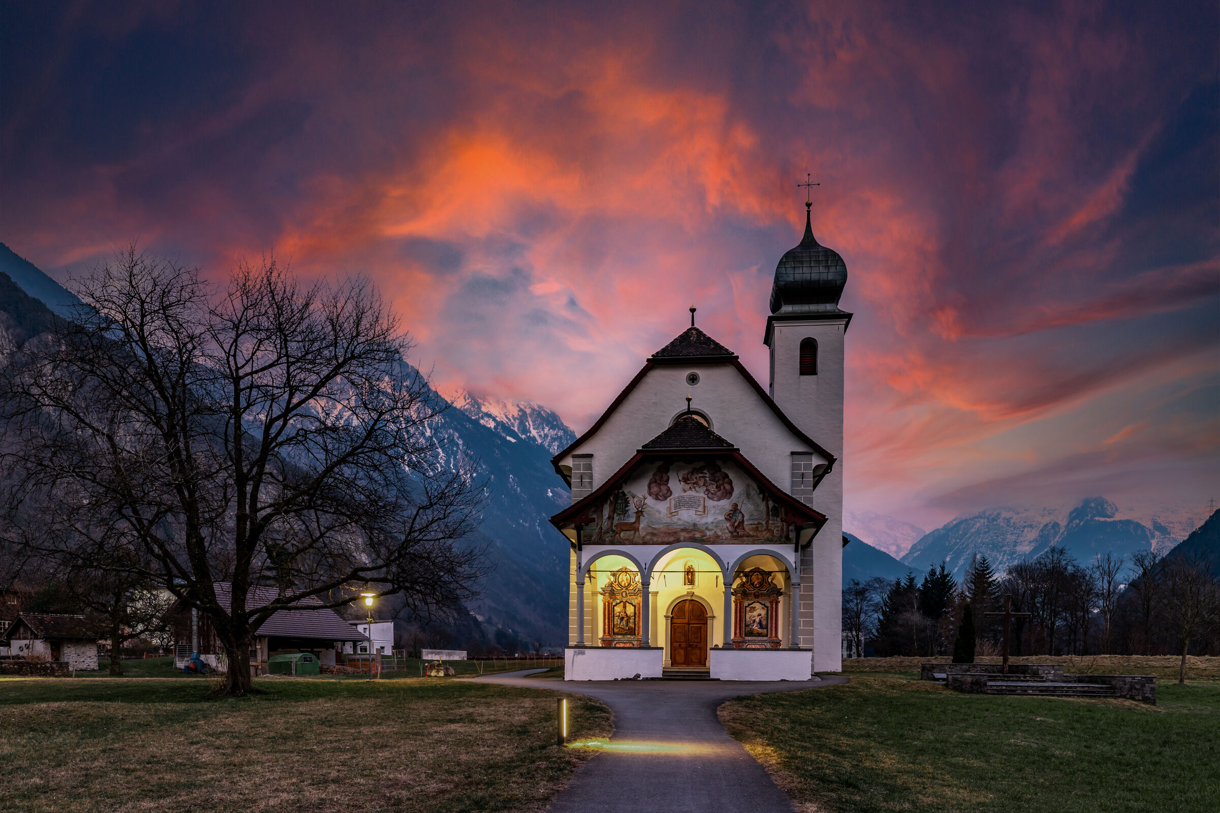 Jagdmatt Chapel in Erstfeld at sunset
